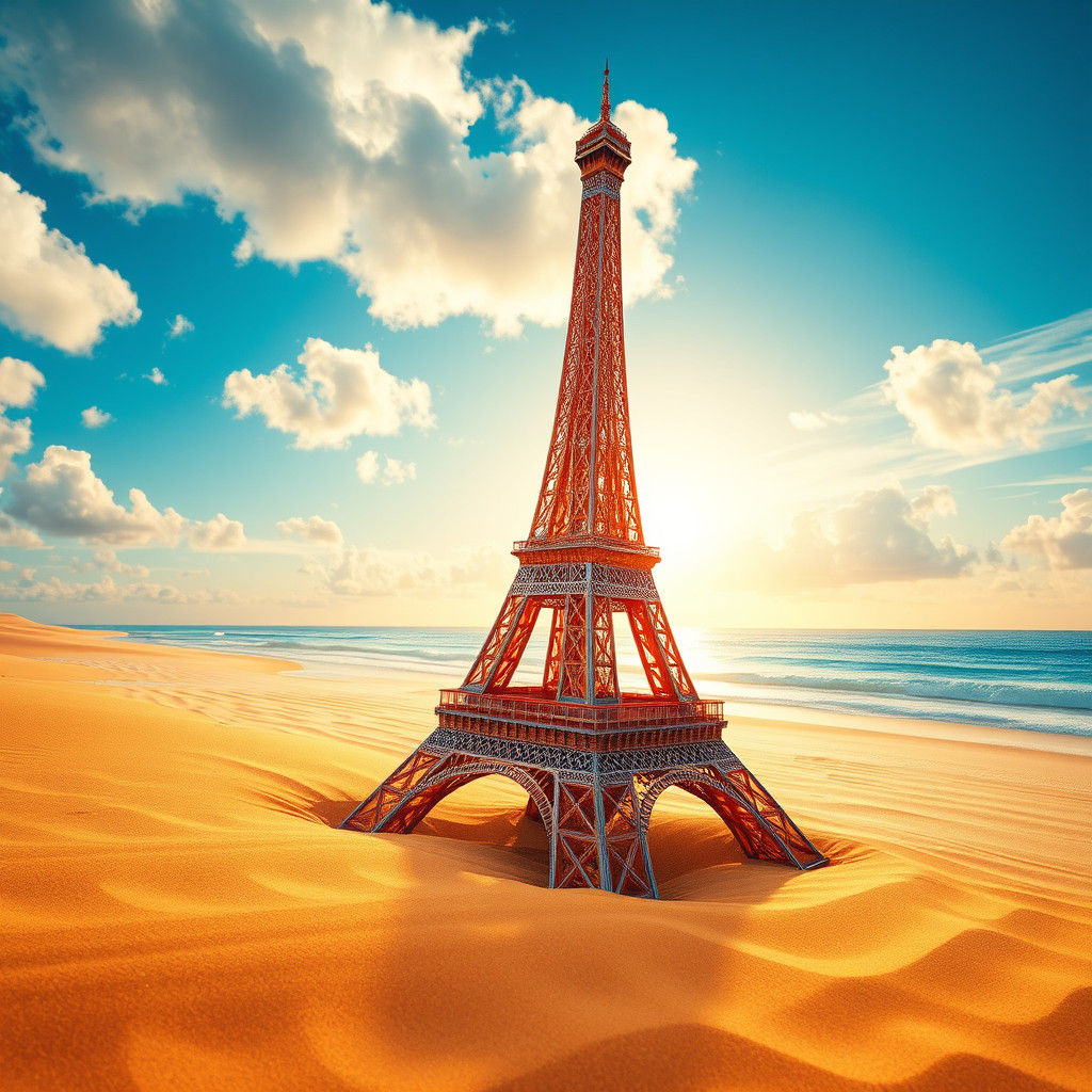 Eiffel Tower Seashell Sculpture on Golden Beach