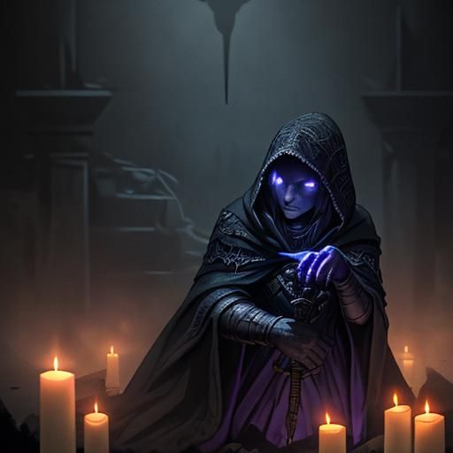 Hooded Tiefling Necromancer in Abandoned Crypt