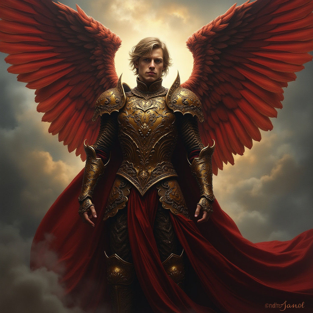 Gothic Male Angel in Crimson Gold Armor