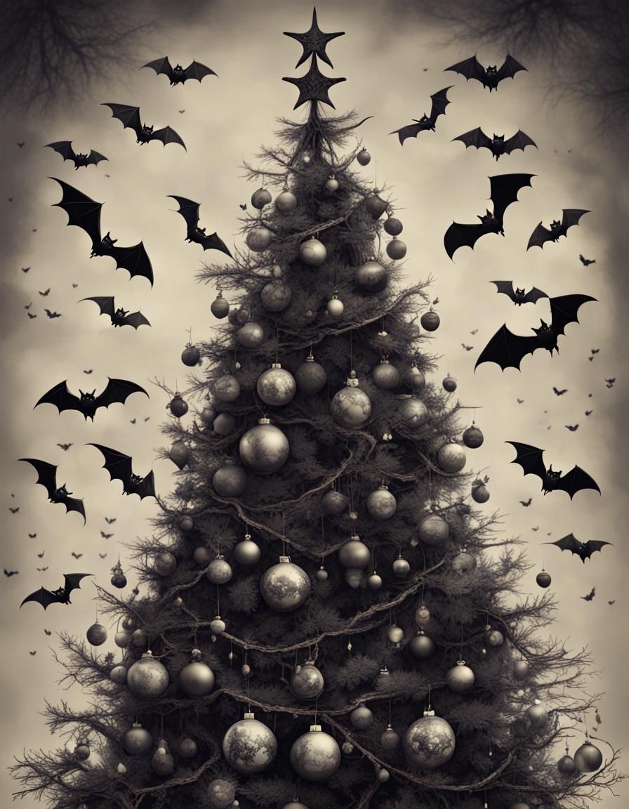 Gothic Christmas Tree with Bats in Dark Castle
