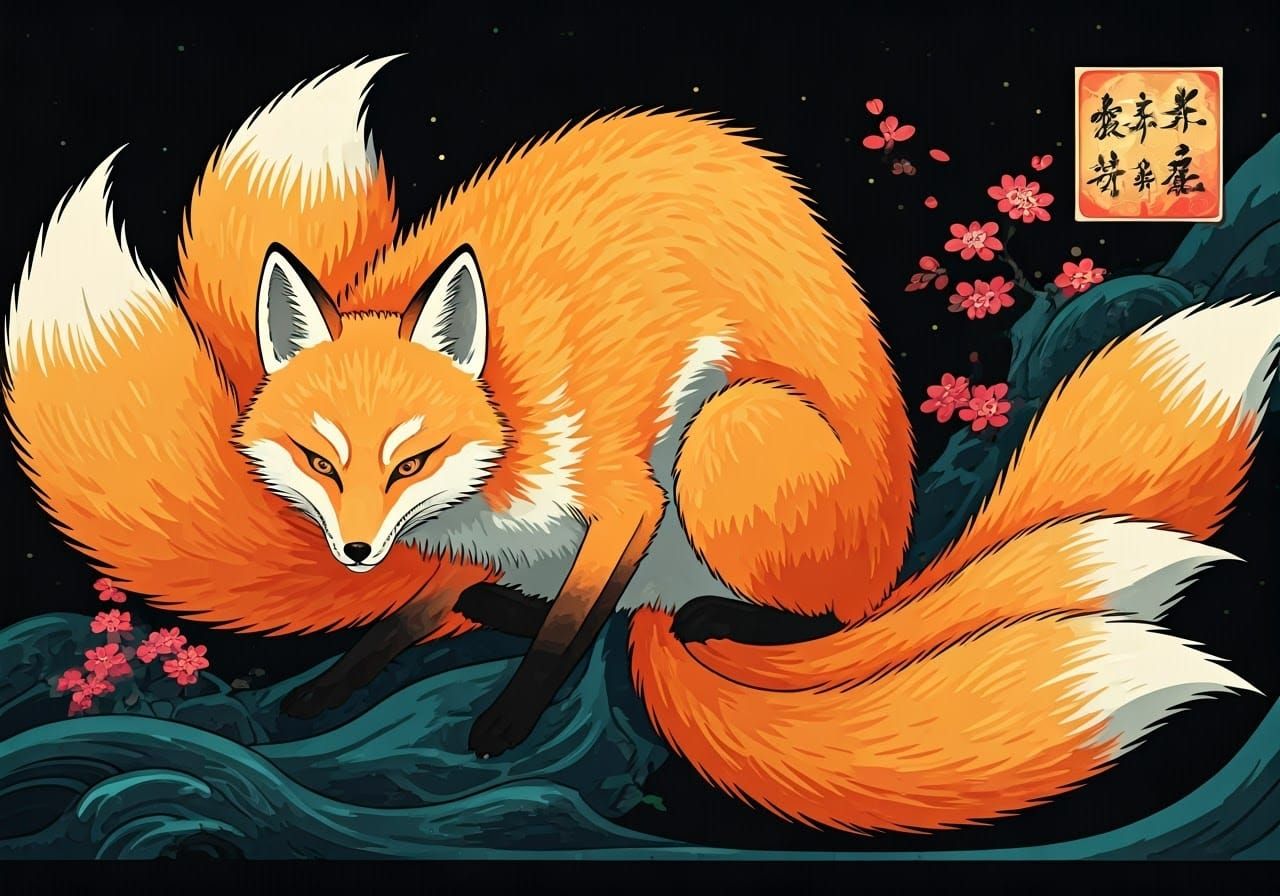 Kitsune: Nine-Tailed Fox in Ukiyo-e Style