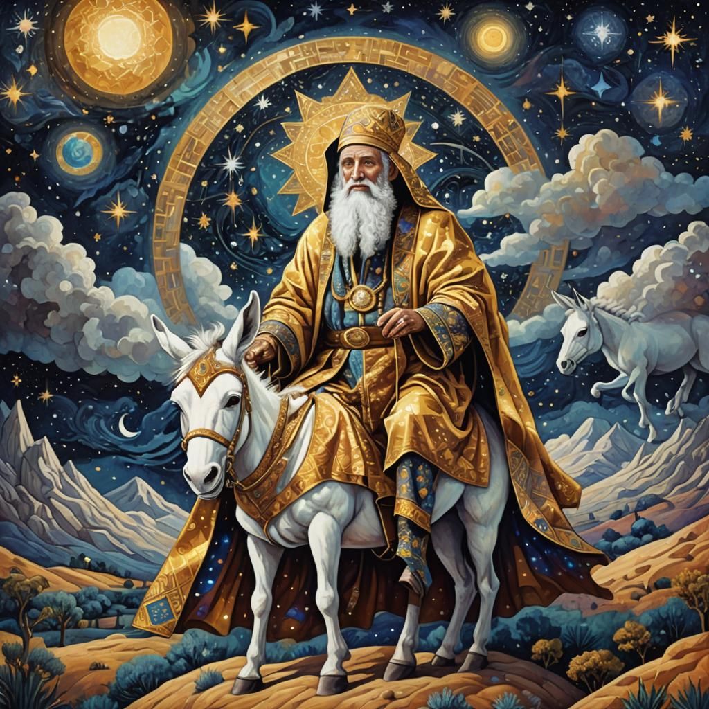 Cosmic Rabbi Rides Donkey Under Starry Night Sky