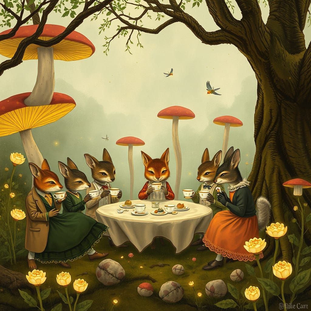 Anthropomorphic Animals' Tea Party in Enchanted Grove