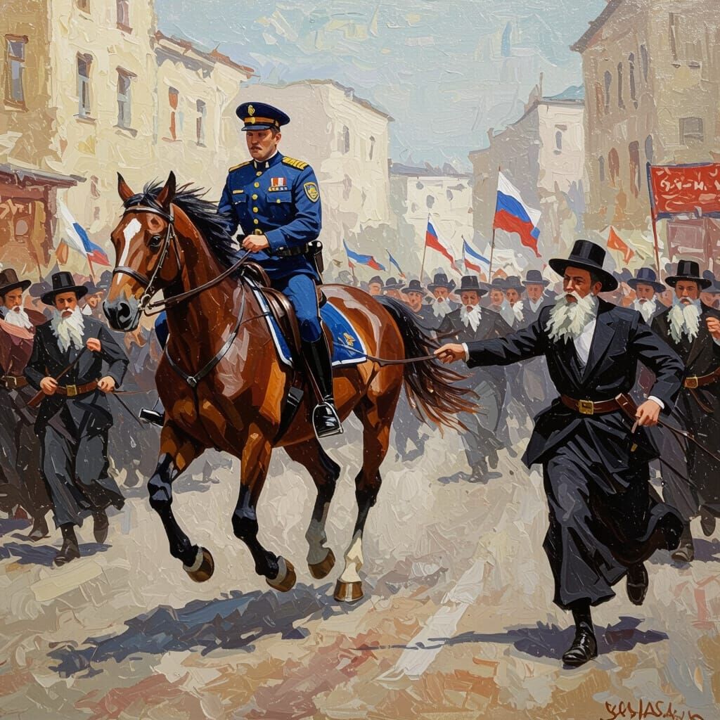Chaotic Protest with Horse in Dramatic Painting Style