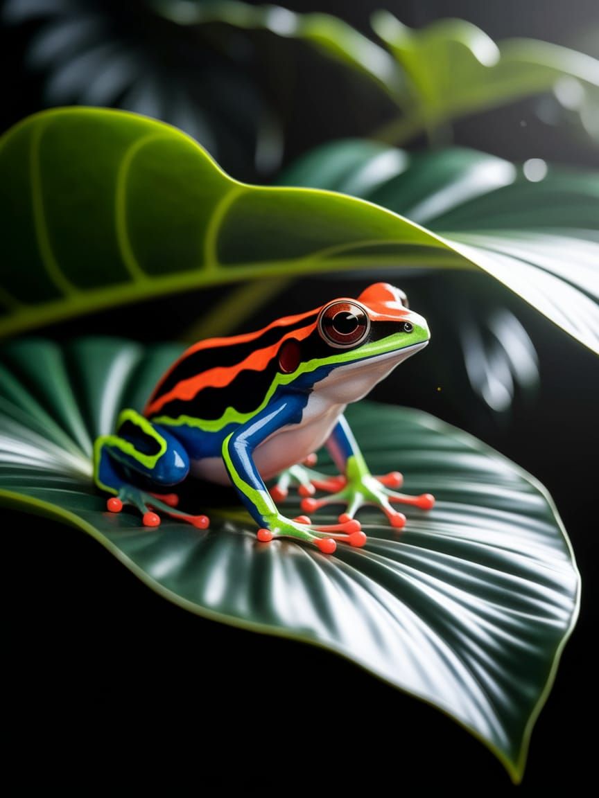 Vibrant Red-Backed Frog on Tropical Leaf in Neon Style