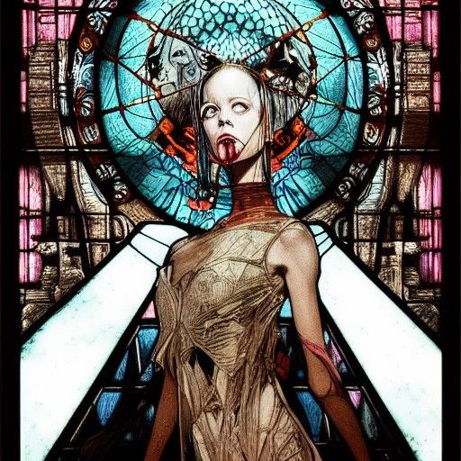 Dystopian Horror Woman in Stained Glass Style