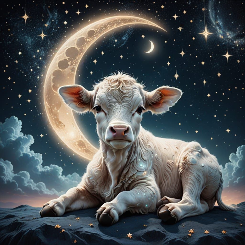 Whimsical Calf on Crescent Moon