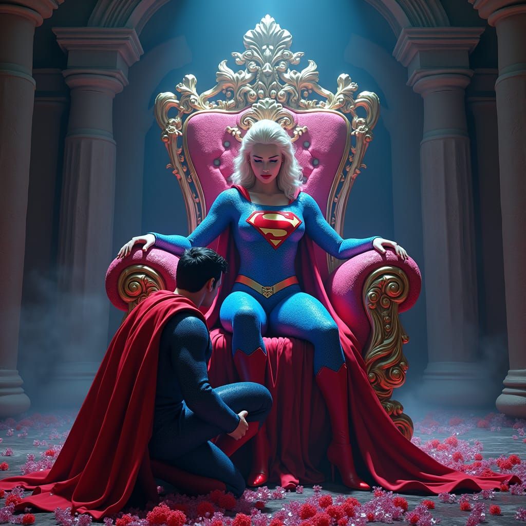 Power Girl on Zincite Throne, Superman Kneels