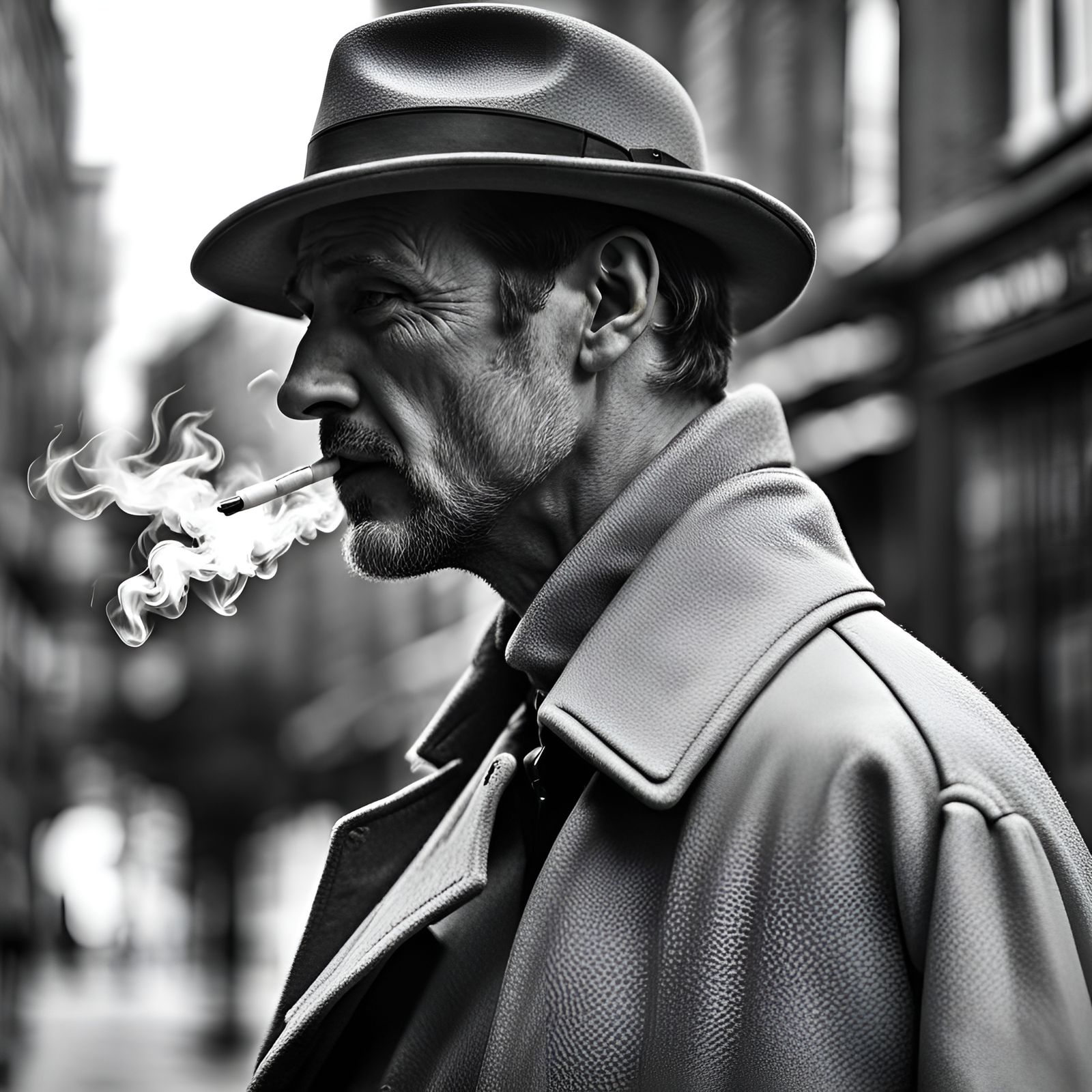 Dramatic Black and White Portrait of Man in Trench Coat