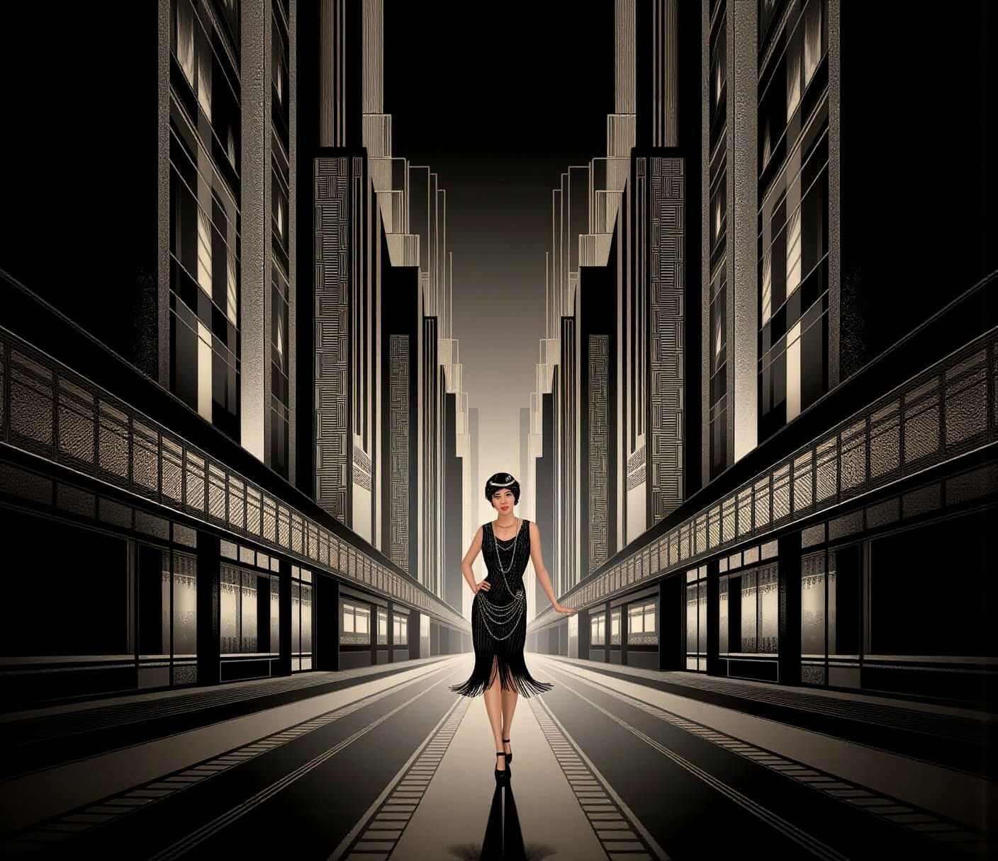 Art Deco Cityscape with Elegant 1920s Lady