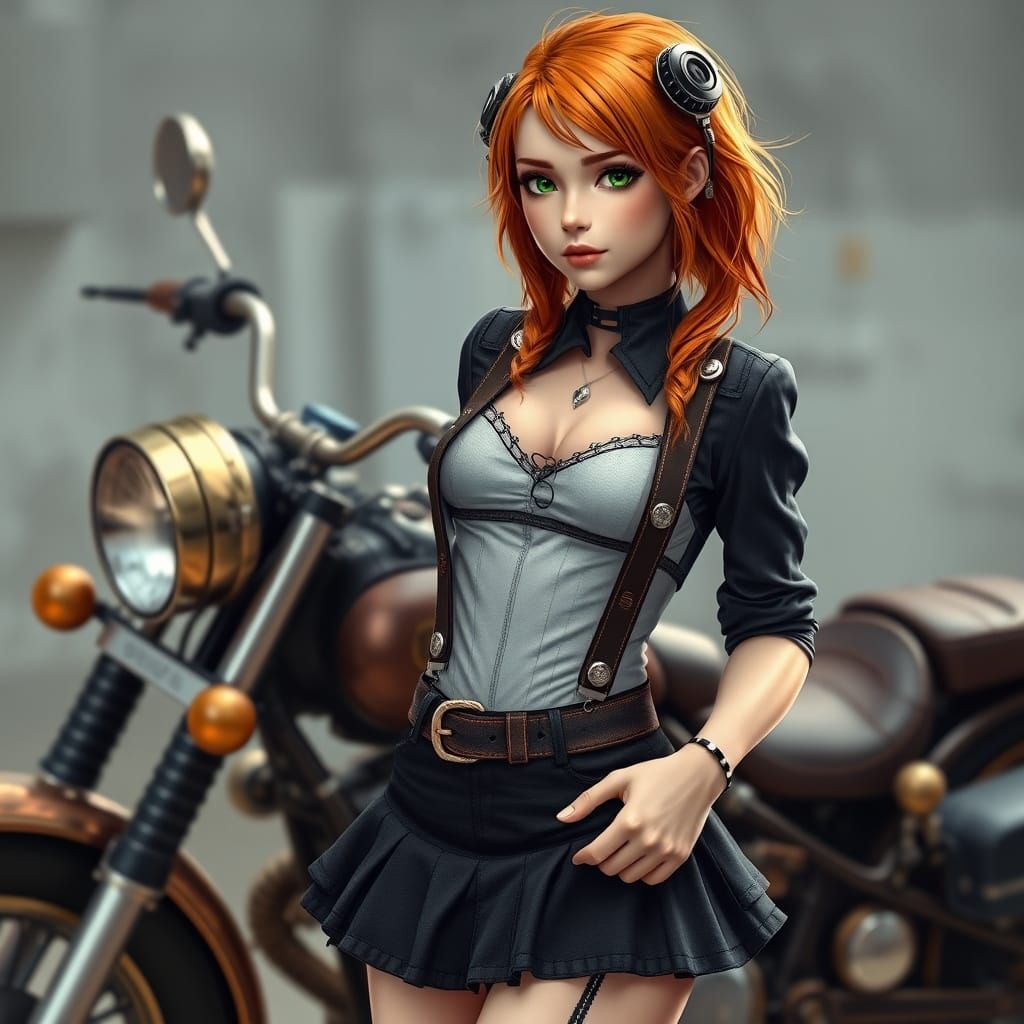 Steampunk Girl with Motorcycle in Hyperrealistic Style
