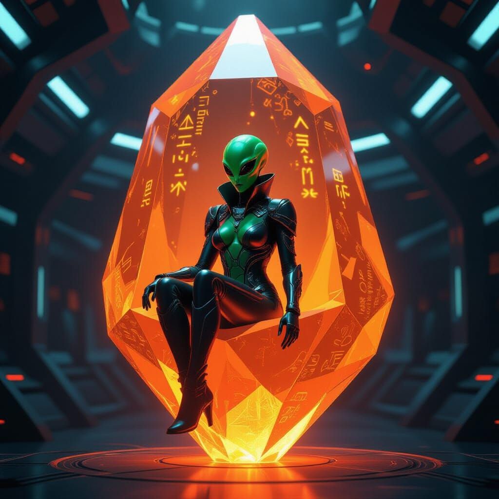 Alien in Crystal Chamber on Cyberpunk Spaceship