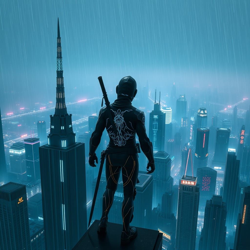 Cyberpunk Ninja Surveys Neo-Tokyo Cityscape in the Rain