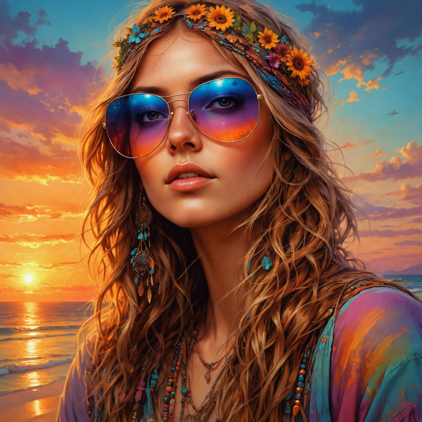 Surreal Sunset Goddess in Vibrant Metallic Hues