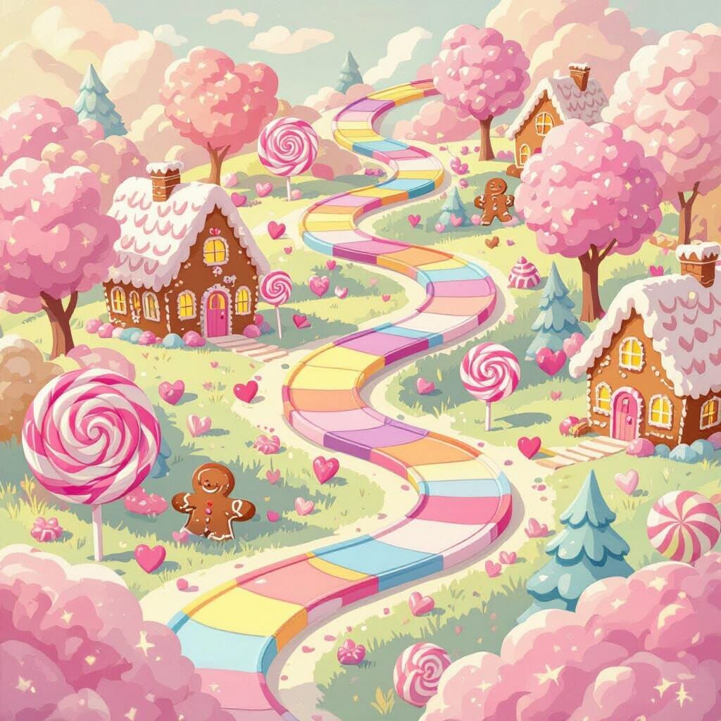 Whimsical Candy Board Game Landscape with Pink Hearts