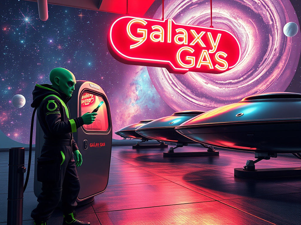 Futuristic Galaxy Gas Station with Alien Mechanic