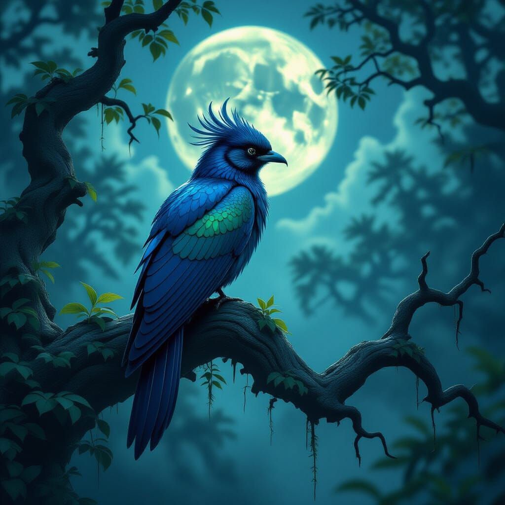 Regal Exotic Bird in Moonlit Misty Forest