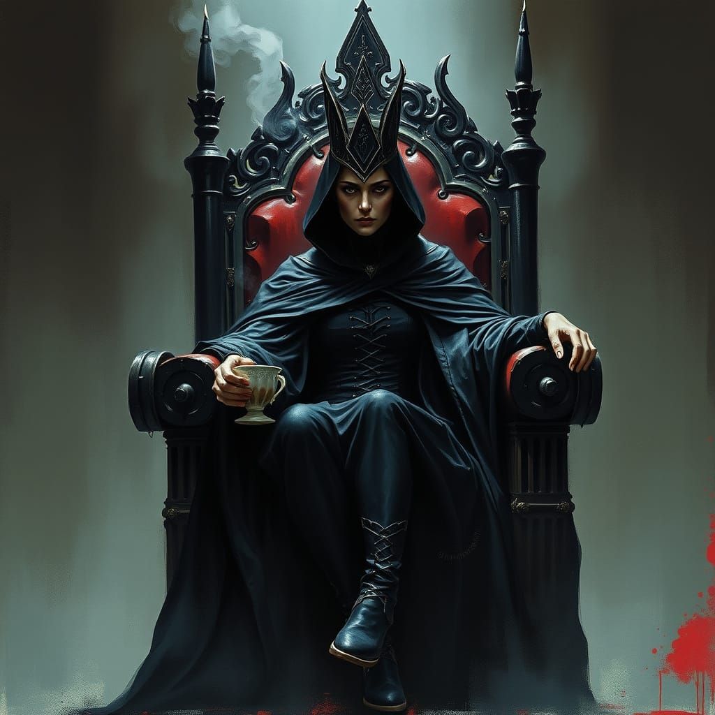 Dark Queen Sits Amidst Shadows, Enticed by Coffee's Aroma