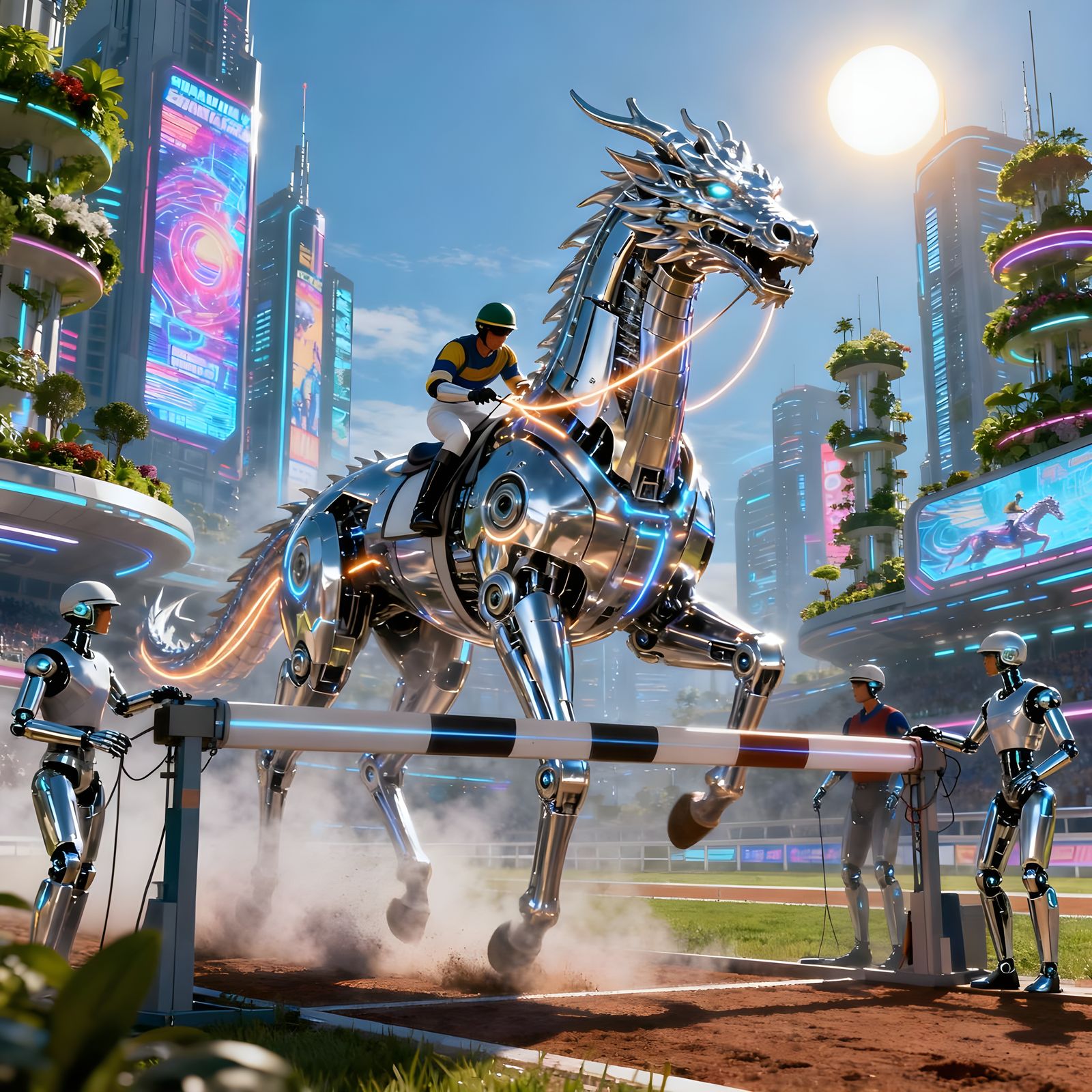 Dragon Android Horses Ready for Race in Futuristic City