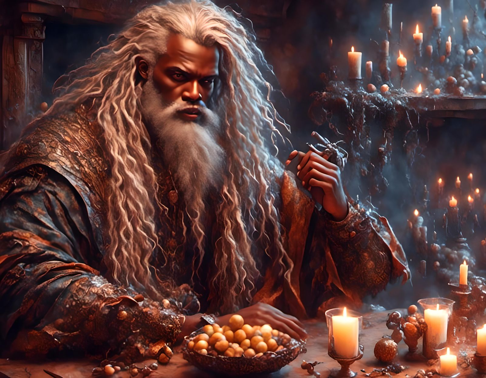 Nigerian Man with Silver Hair by Fireplace