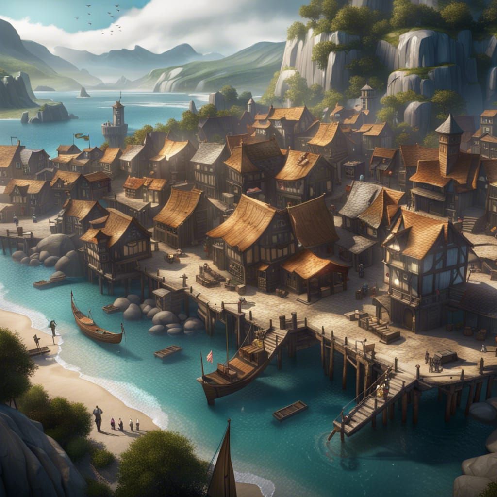 Seaside Hamlet with Eagle Banners: Detailed Matte Painting