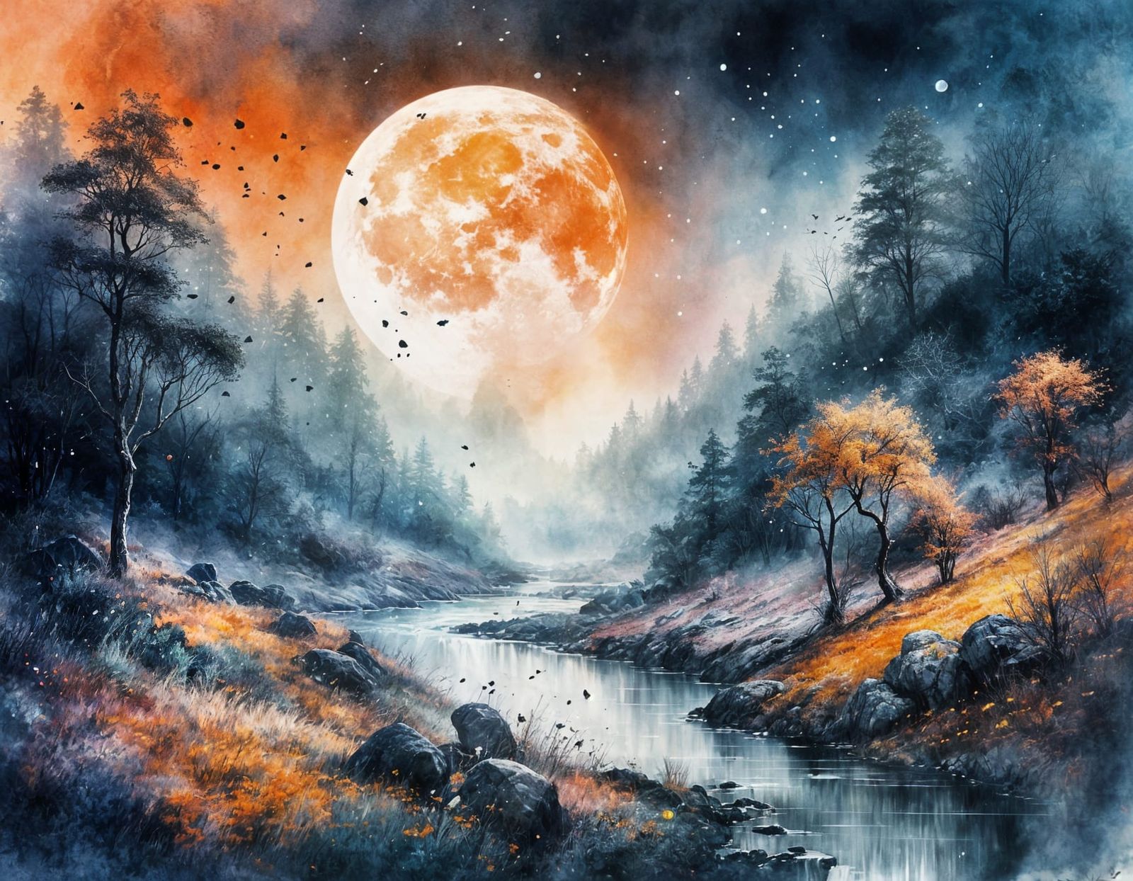 Lush Moonlit Landscape with Waterfalls in Watercolor Style