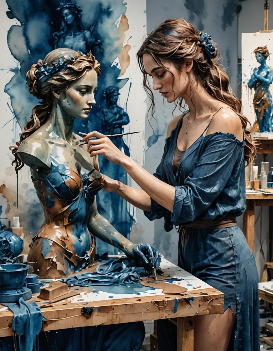 Woman Sculpting Aphrodite: Digital Watercolor Illustration