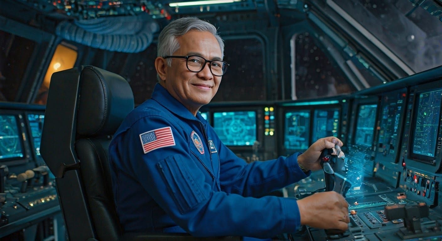Indonesian Astronaut in Advanced Spaceship Cockpit