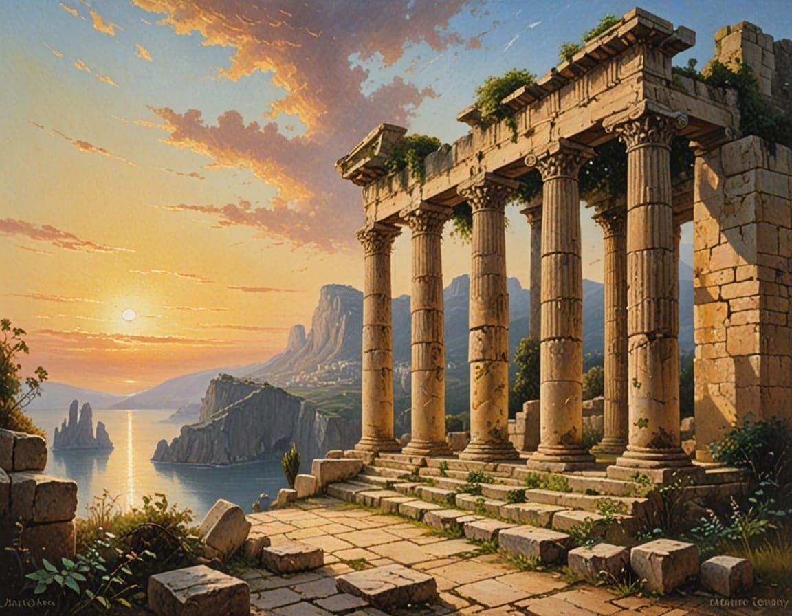 Romantic Greek Ruins Landscape at Dusk