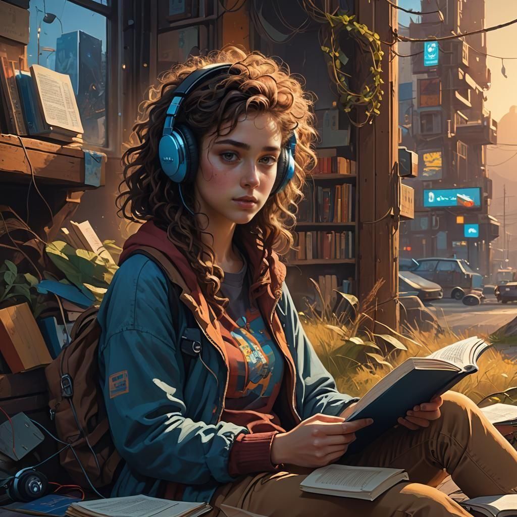 Teen Girl Listening to Music, Fantasy Art