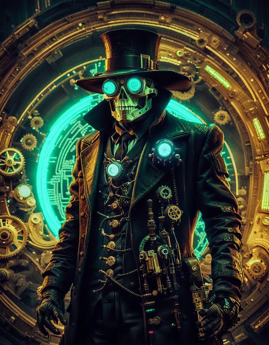 Steampunk Reaper with Bioluminescent Glitch Art