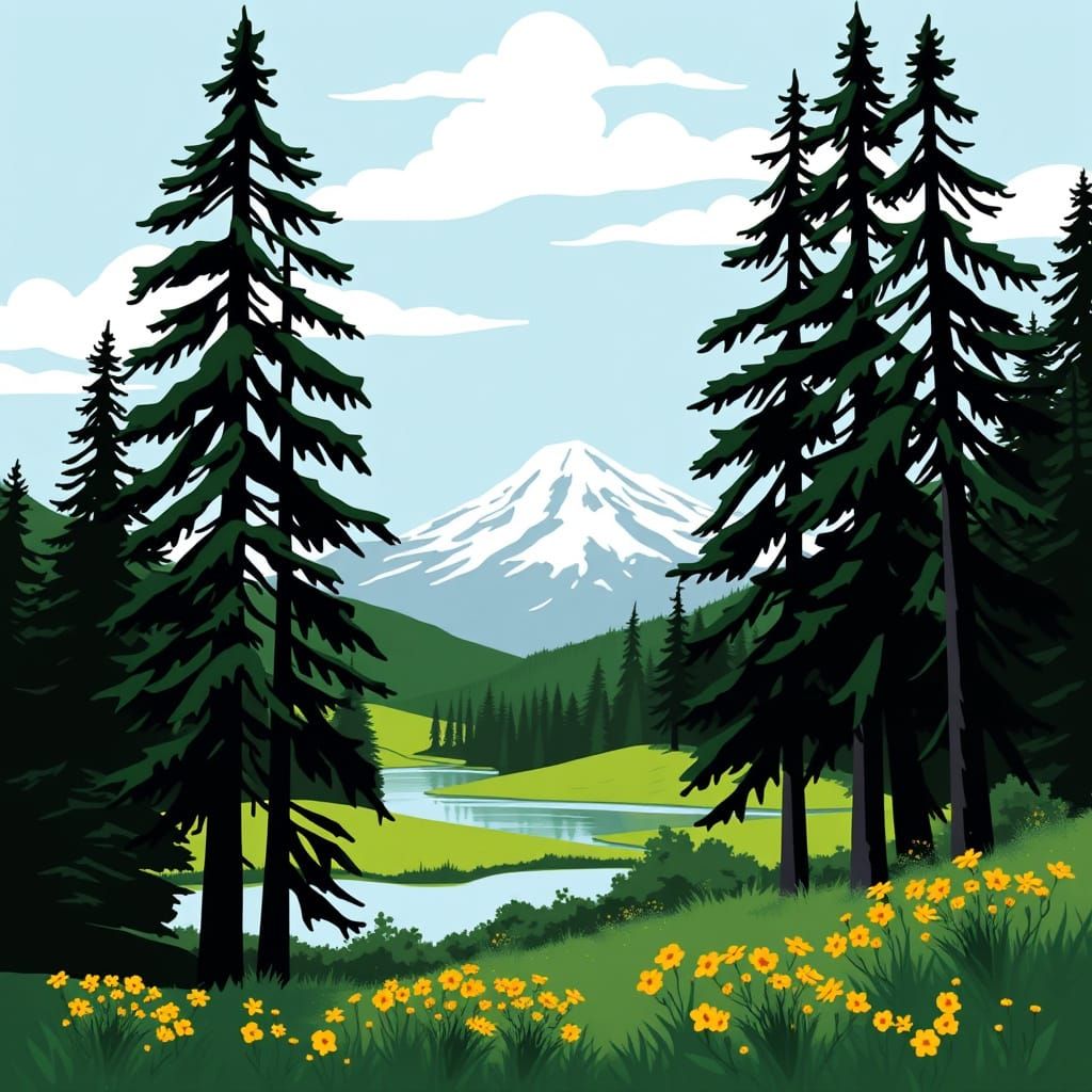 Retro Folk Art Landscape with Bold Color Blocks