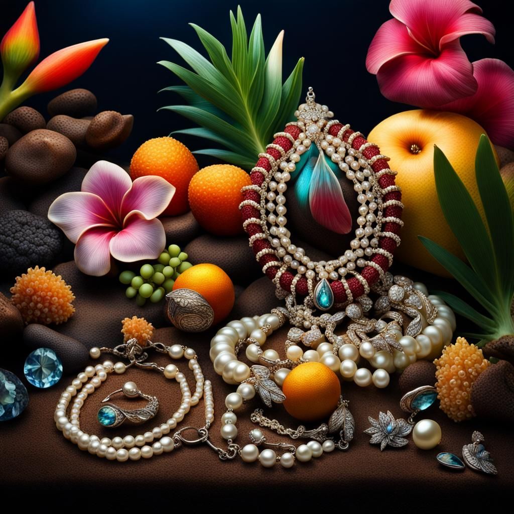 Luminous Jewels with Tropical Flora and Fruits