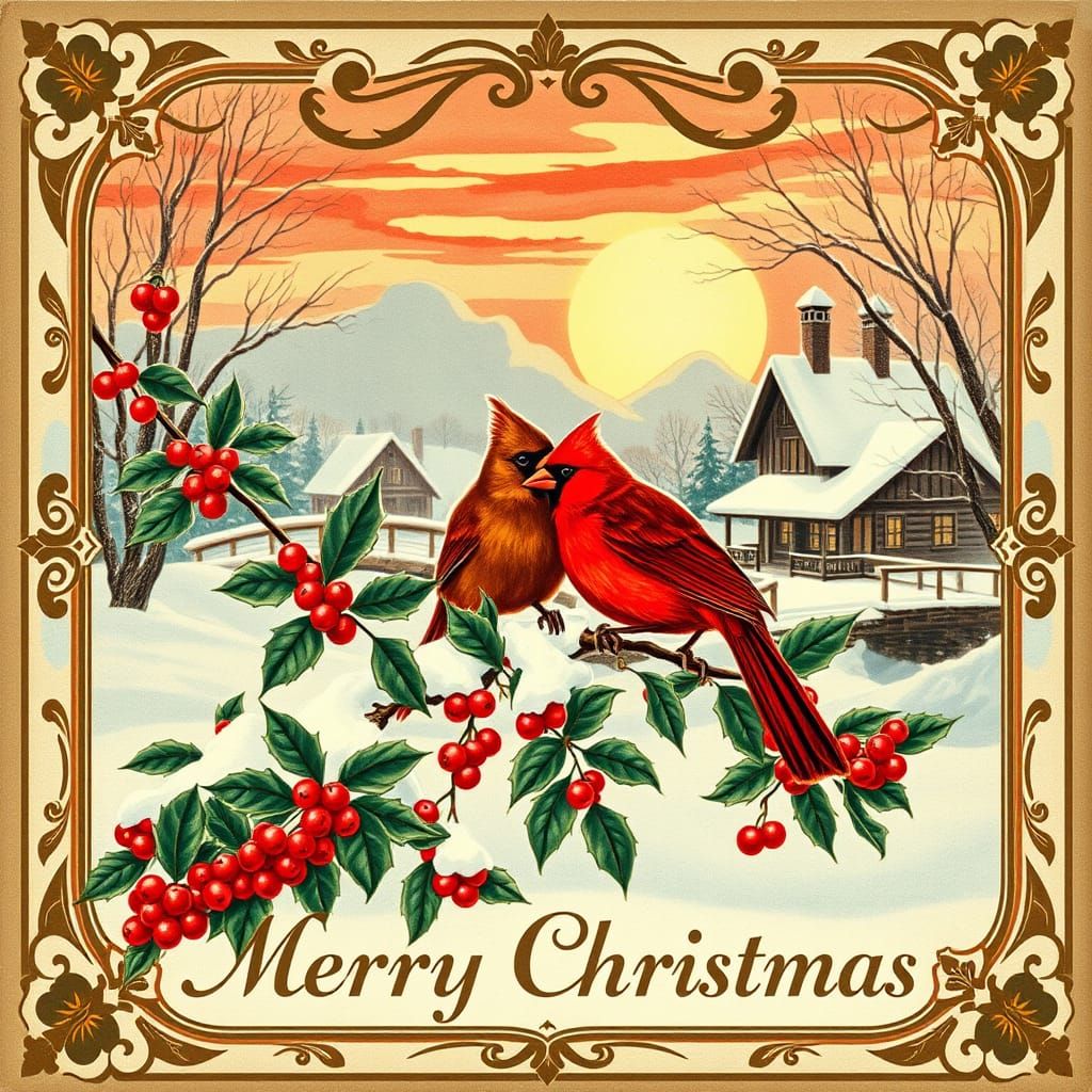 Vintage Christmas Card with Cardinals in Pastel Style