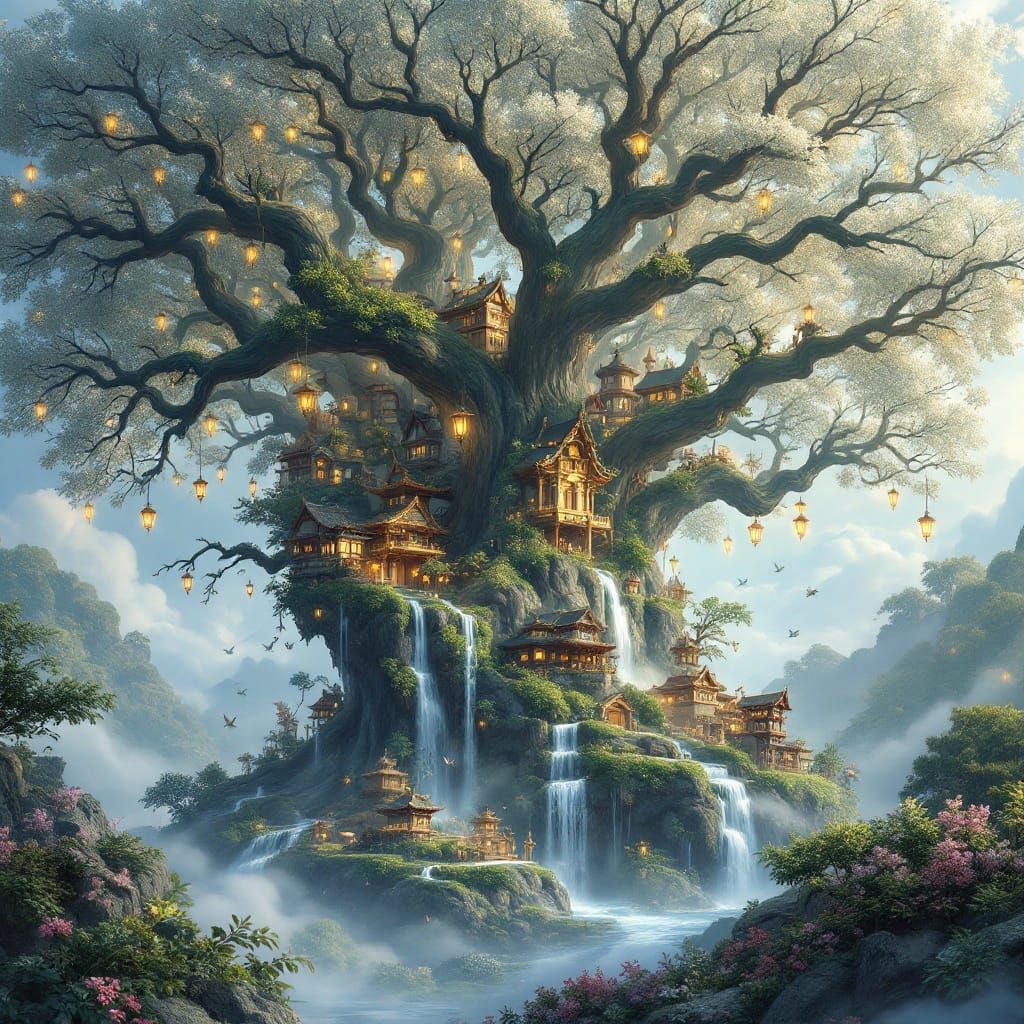 Whimsical Ash Tree Village in a Dreamlike World