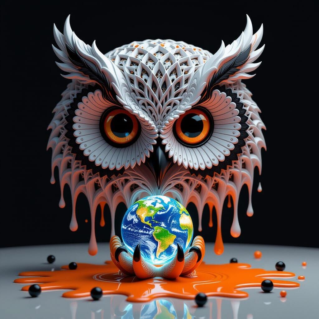 Intricate 3D Owl Render with Glowing Orb