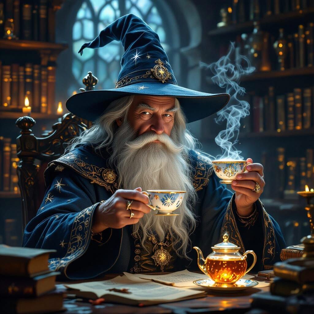 Wise Wizard Enjoys Tea in Magical Study