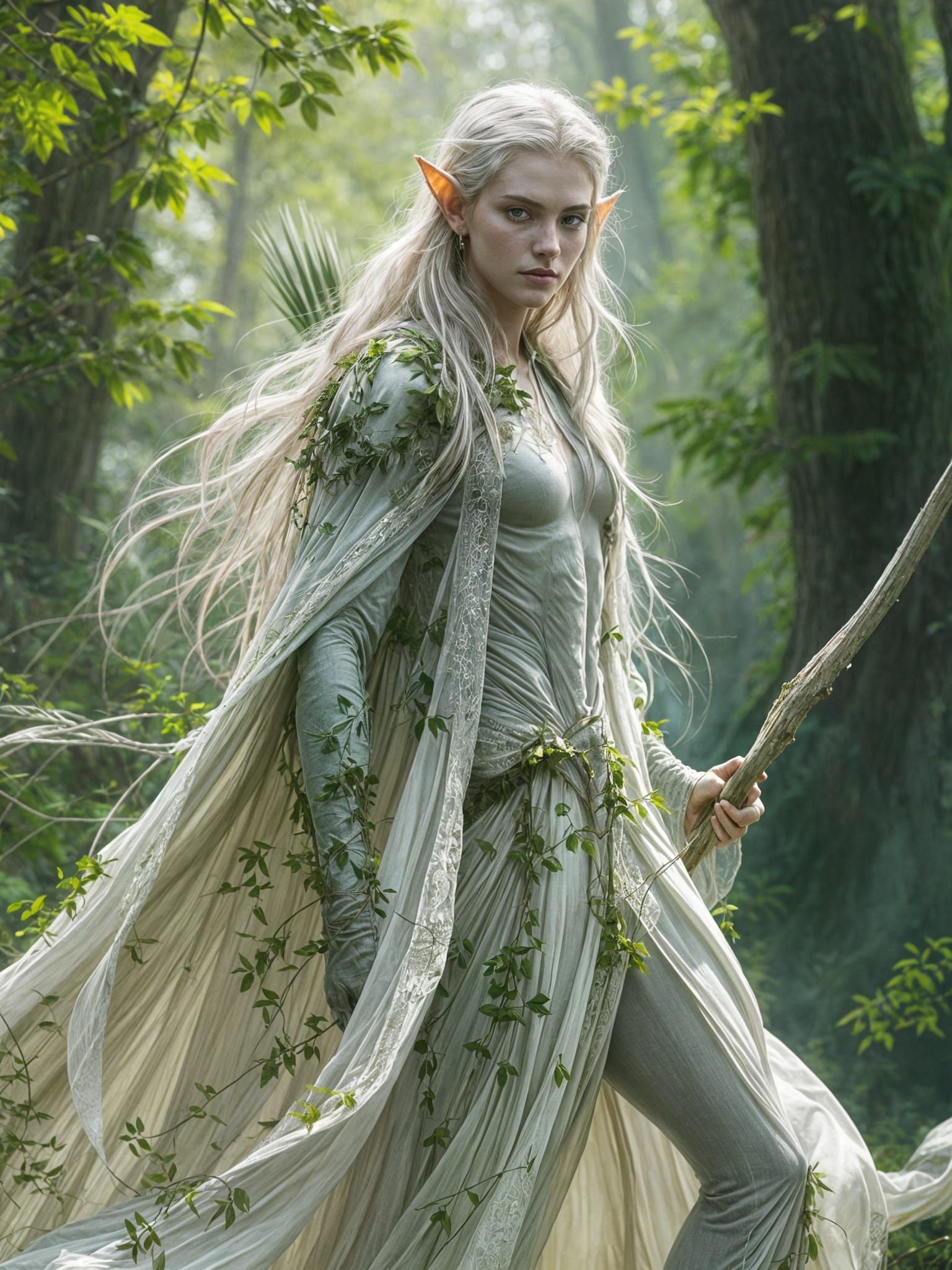 Ethereal Elf Man with Moss Skin and Silver Cloak