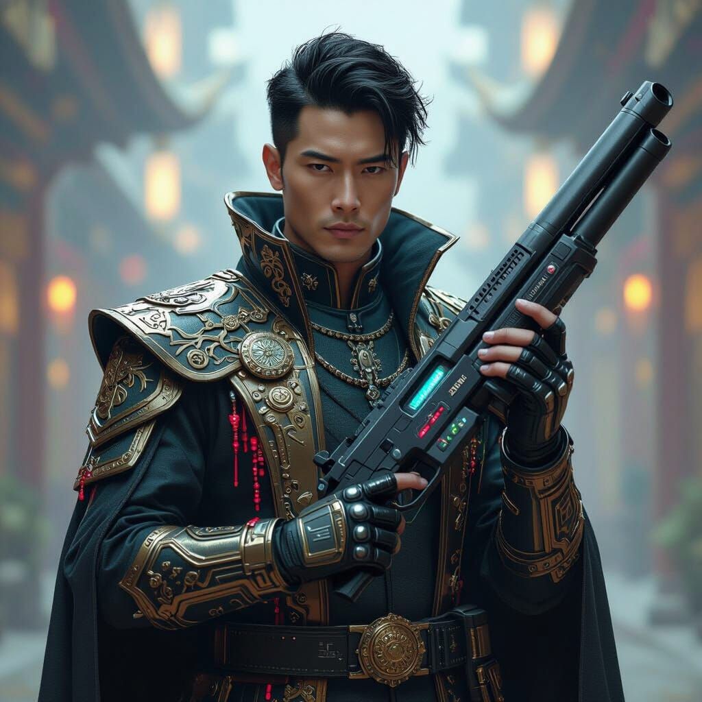Asian Rogue Trader in Cyberpunk Royal Attire