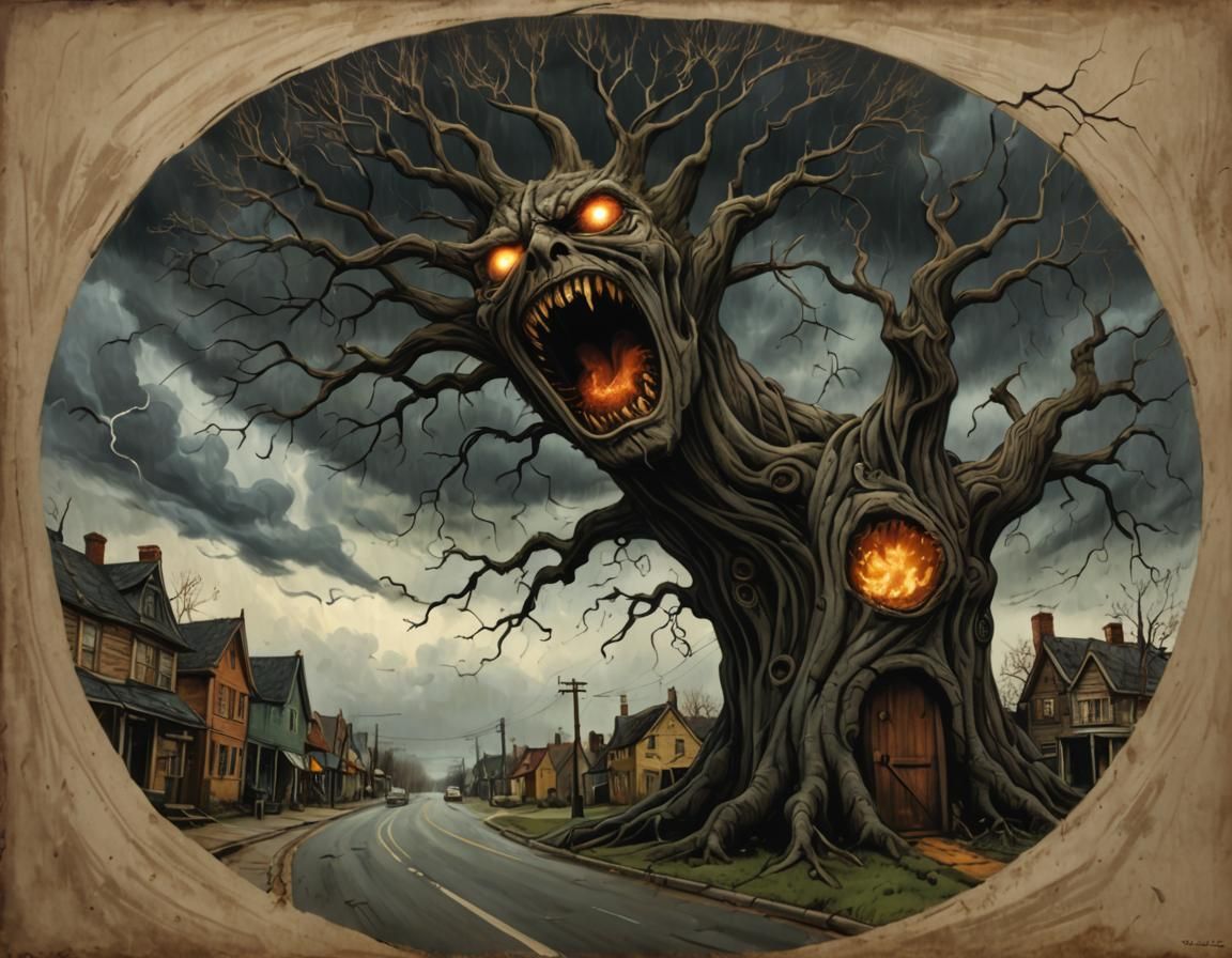 Surreal Tree Screaming in Dark Gothic Windstorm