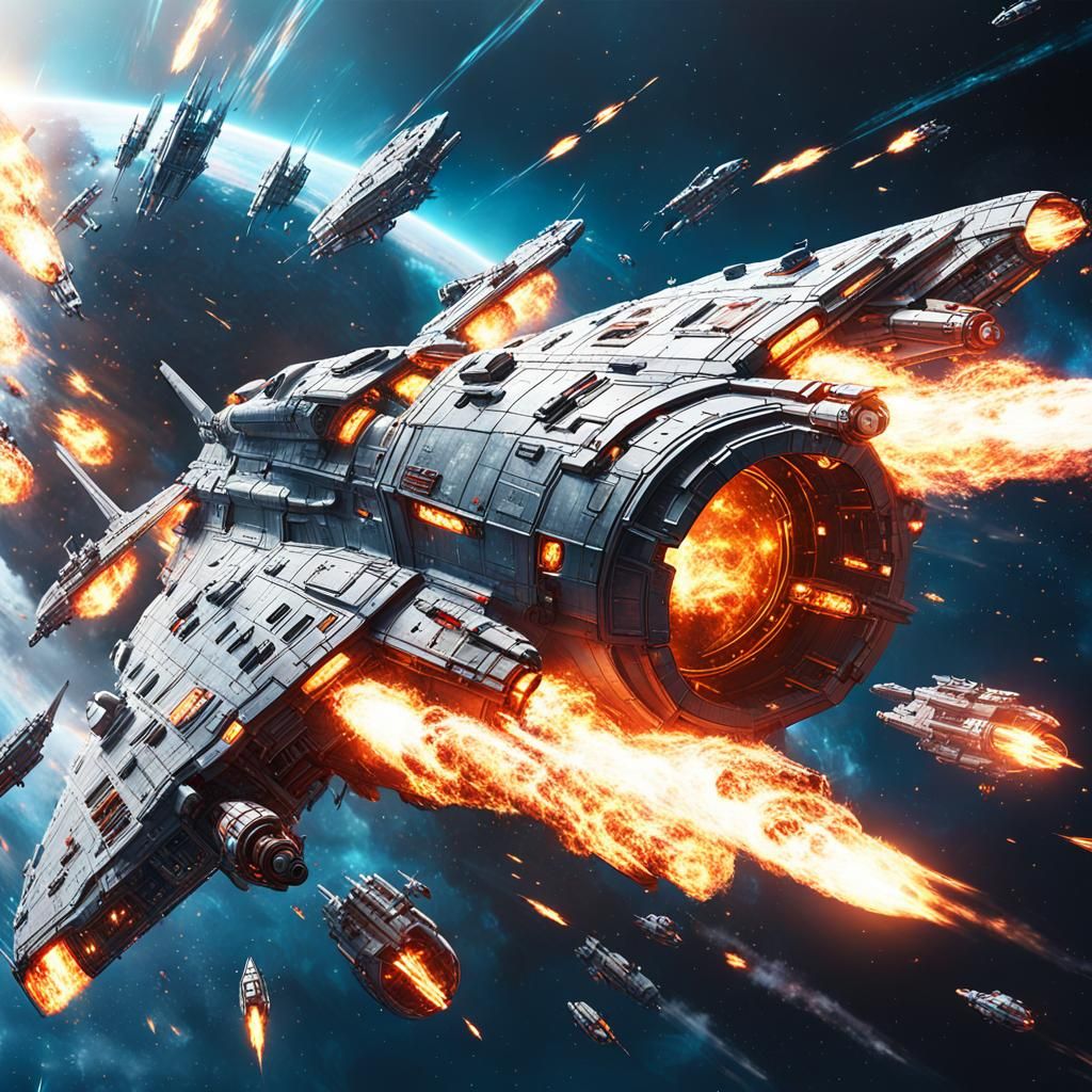 Burning Spaceship Under Attack: Sci-Fi Concept Art