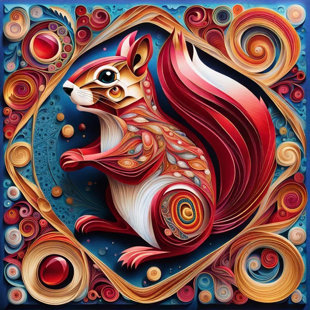 Anthropomorphic Jewel Squirrel with Geometric Design