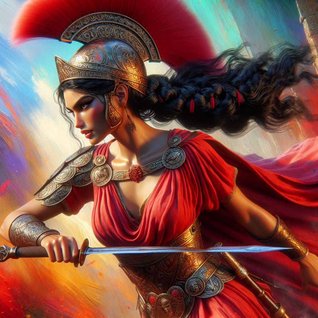 Etruscan Goddess of War in Red and Bronze