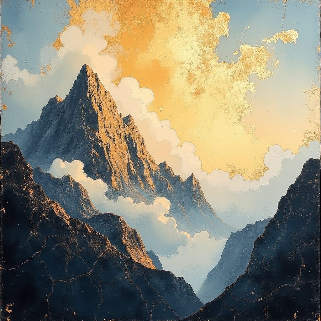 Mount Olympus in Ethereal Golden Hour Gouache Painting