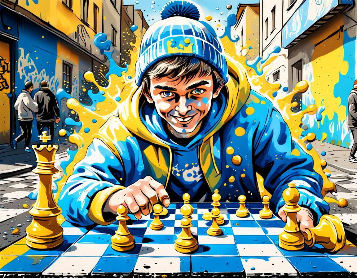 Vibrant Ukrainian Street Art Chess Scene in Pointillism