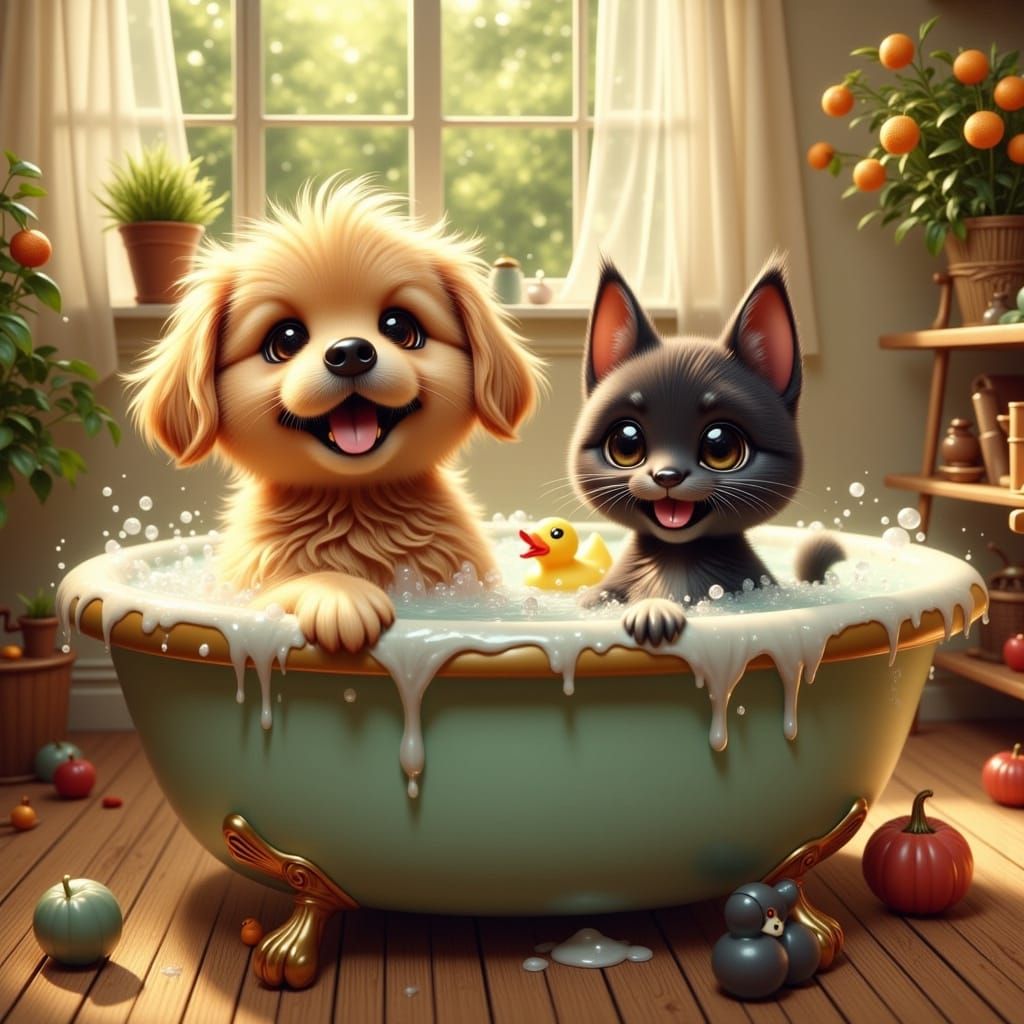 Dog and Cat Play in Bubbly Bathtub