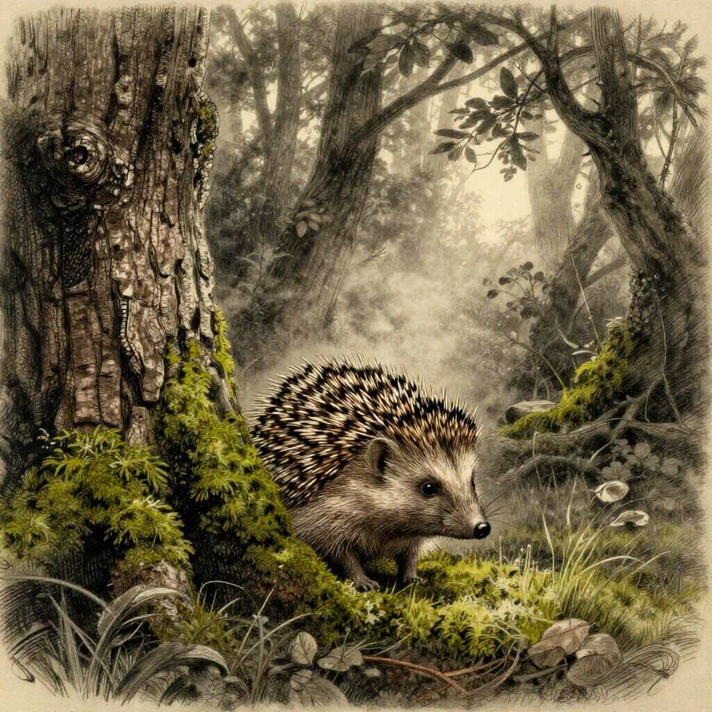 Hedgehog in Misty Forest with Charcoal Linework