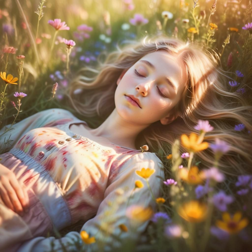 Girl in Meadow: Whimsical Surrealism in Watercolor