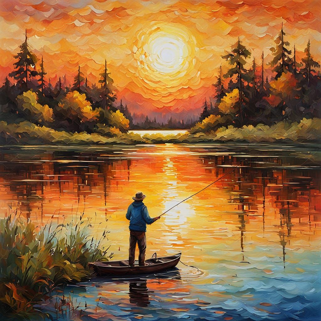 Impressionist Painting of a Fisherman on a Lake