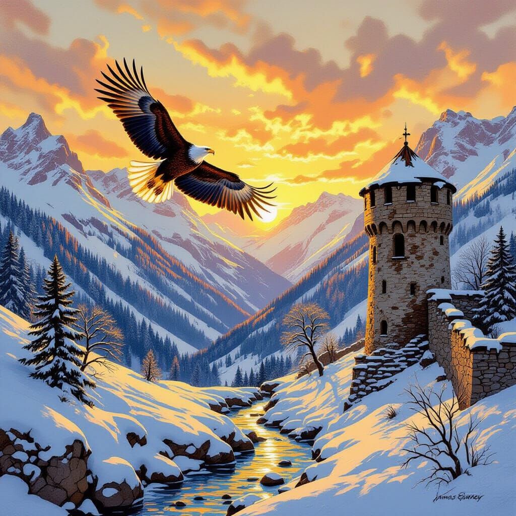 Golden Eagle Soaring Over Alpine Valley